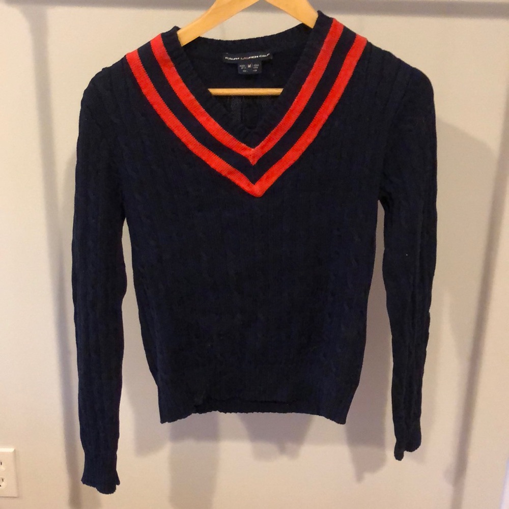 Ralph Lauren navy & blood orange v-neck cableknit